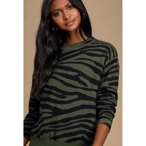Lulus Zebra Print Sweater Y2K Grunge Coquette Cropped Crewneck Sweatshirt Green